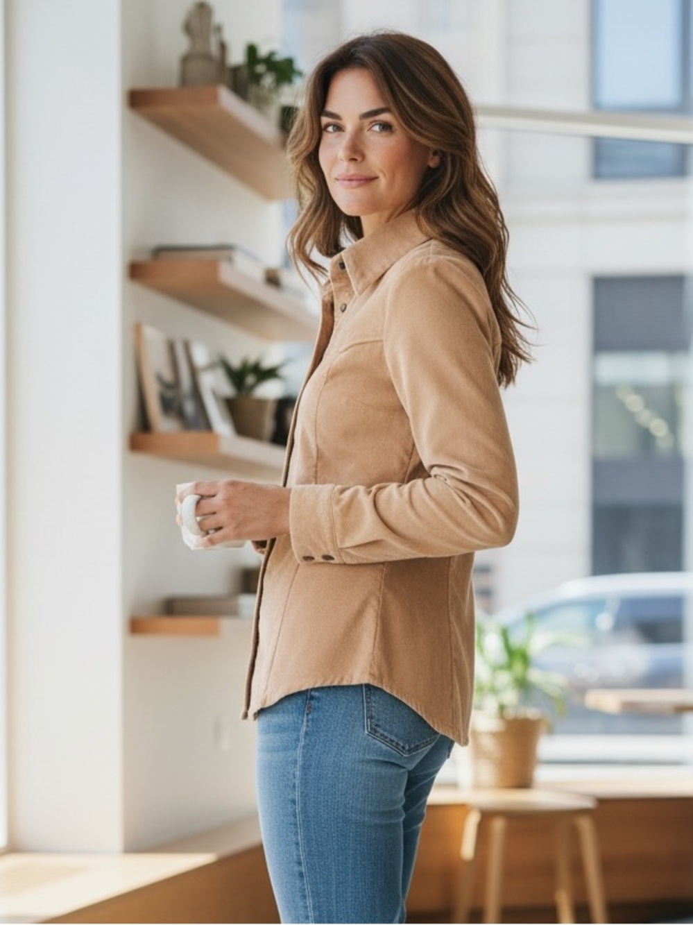 Western Cotton Blend Corduroy Snap Button Yoke Detailing Shirt, Camel, Medium